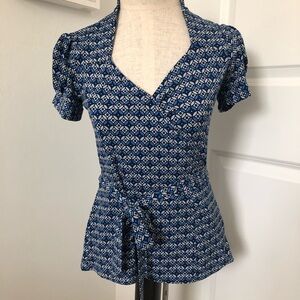 INC International Concepts Blue and White Puff Sleeve Blouse